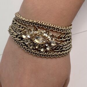 Estate Vintage Bracelet Gold Tone Multi Strand Chains and Rhinestone Bracelet 7"